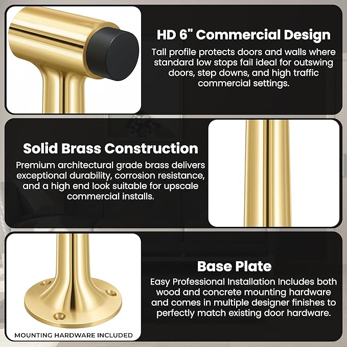 Heavy Duty 6″ Door Stop, Solid Brass Commercial Grade, Floor Mount Stopper (Polished Brass)