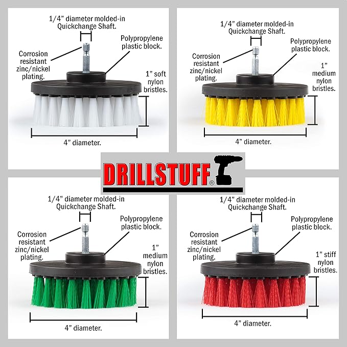 Drill Brush Attachment Power Scrubber Brush Set - 4in 4 Piece Soft, Medium and Stiff Power Scrubbing Brushes Drill Attachment – Spin Brushes for Cleaning Showers, Tubs, Bathroom, Tile, Grout, Carpet
