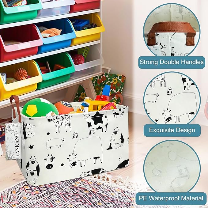 FANKANG Storage Basket,Nursery Hamper Canvas Laundry Basket Foldable with Waterproof PE Coating Storage, Office, Bedroom, Clothes,Toys(L, Rec-cows)