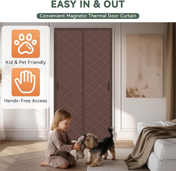 Magnetic Thermal Insulated Door Curtain, Fits 36'' x 96'' Doors(Curtain Size 38'' x 98''), Weatherproof Oxford with Cotton-Fill Insulation Door Cover for Winter, Keep Warm, Brown
