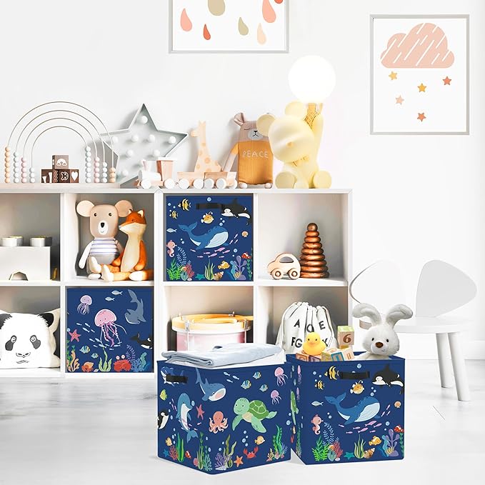 Clastyle 3 pcs Ocean Animals Cube Storage Unit Bin with Metal Frame Foldable Kallax Box for Shelves Parents Closet Organizer Basket for Book Clothes Toy Organizer, Blue, 11.8x11.8x11.8 in