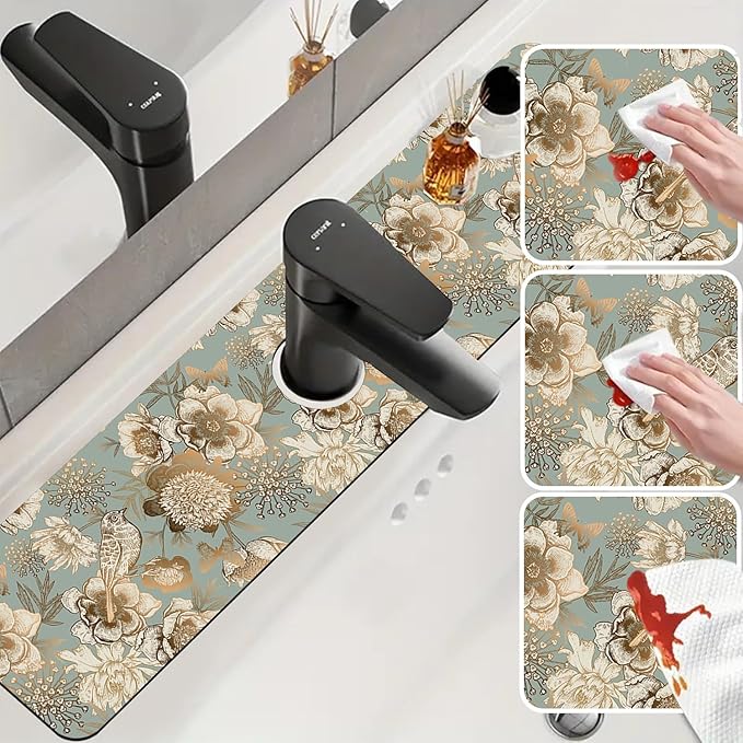 Sink Splash Guard Faucet Mat Peonies Bird and Butterflies Absorbent Fast Drying Mat Sink Gadgets Splash Guard Behind Faucet Drip Catcher for Kitchen Bathroom 23.5"X5.5"