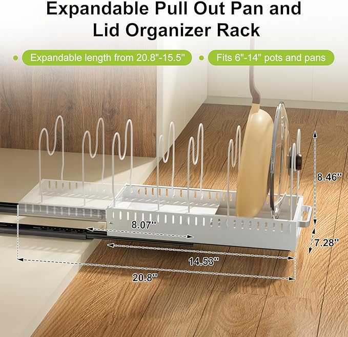 Pots and Pans Organizer Under Cabinet with Drain Board, Pull-out Expandable Pot Lid Organizer inside Cabinet Holder with 10 Adjustable Compartment, Rack for Cutting Board, White (Pack of 2)