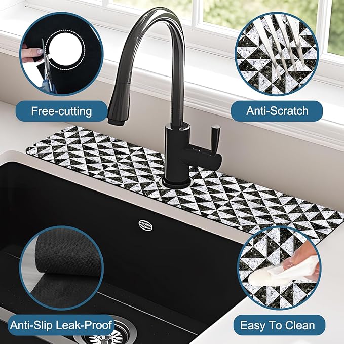 Granite Floor Tiles Sink Splash Guard Faucet Mat Mosaic Texture Super Absorbent Fast Drying Mat Sink Gadgets-Splash Guard Behind Faucet Drip Catcher for Kitchen Bathroom, 23.5"x5.5"
