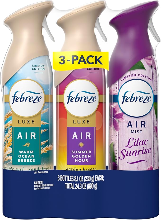 Febreze Air Mist, Air Freshener, Odor Fighting Room Spray, Deodorizer for Home Bathroom Kitchen Office Apartment, Lilac Sunrise, Warm Ocean Breeze, Summer Golden Hour Variety Pack, 8.1oz (Pack of 3)