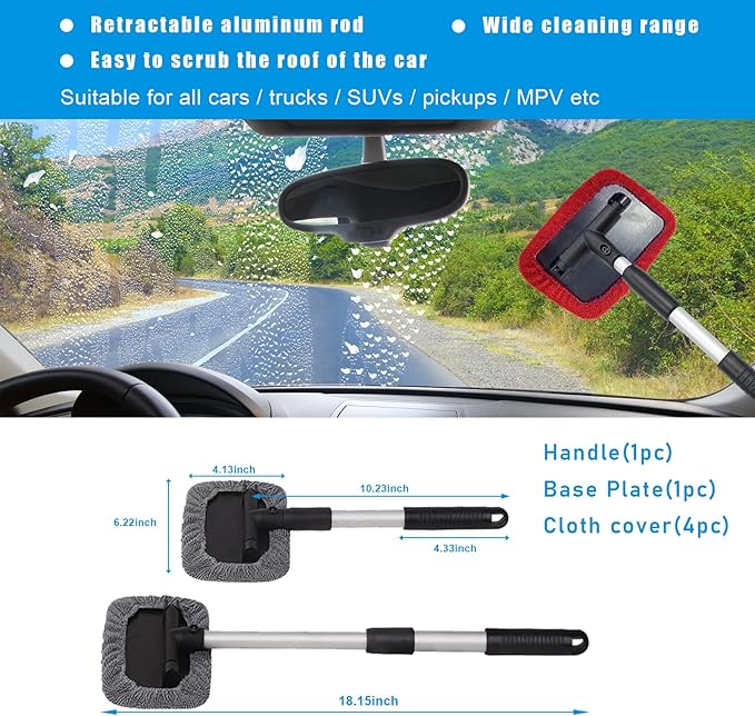 Ziciner Car Windshield Cleaner, Microfiber Auto Cleaning Wiper with Aluminum Extendable Handle and 2 Washable Reusable Cloth Pad Head, Universal Vehicle Interior Exterior Cleaner Kit (Red-Rectangle)