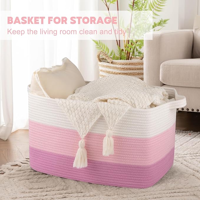 OIAHOMY Large Storage Basket, Cotton Rope Woven Blanket Basket, Toy Bin for Baby Room, Container for Blanket Storage in Living Room, 20''×16''×12'', Gradient Pink
