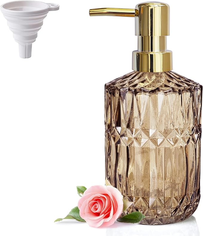 Brown Glass Soap Dispenser with Gold Rust Proof Pump, Refillable Thicken Glass Kitchen Soap Dispenser, Lotion Dispenser Bathroom for Dish Soap, Hands Soap, Body Wash, Bathroom Accessories