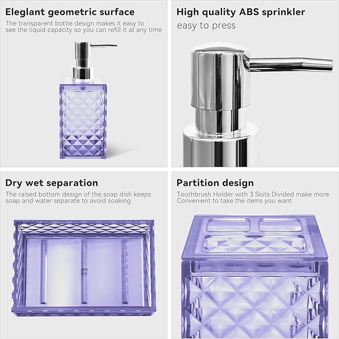 Bathroom Accessory Set, 4 PCS Light Purple Bathroom Accessories Set, Soap Dispenser and Toothbrush Holder Set, Soap Dish and Mouthwash Cup, Boho Bathroom Decor, Bathroom Sets Accessories