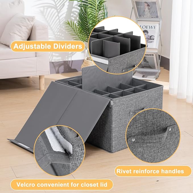 Shoe Organizer for Closet Fits 16 Pairs, Large Shoe Storage Box Bins Containers with Lid and Adjustable Dividers for Shoes, Sneakers and High Heeled, Hard Shell and Stackable (Grey)