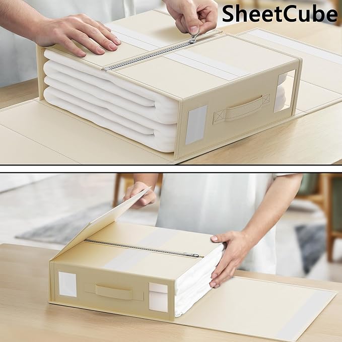 SheetCube Bed Sheet Organizers and Storage 6 Pack, Foldable Linen Closet Organizer with Window and Label, Bedding Folder Storage Box Container for Blanket, Duvet Cover Set, Bed Sheet Set - Beige
