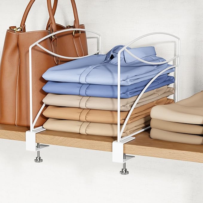 2-Piece Wire Shelf Dividers for Closet Organization, Upgraded C-Clips Adjustable Metal Shelf Dividers Suitable For Bedrooms & Kitchens, Storage Helper for Handbag Sweater Shirt Ankle Boots, White