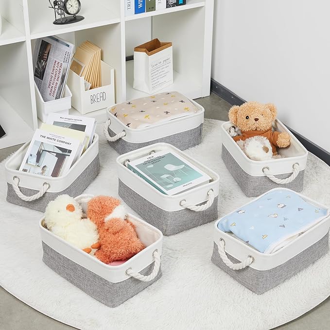 Bidtakay Small Baskets for Organizing Fabric Storage Baskets for Shleves 6 Pack Collapsible Closet Storage Bins with Handles Linen Organizer Baskets for Bathroom Nursery Home Storage (White&Grey)