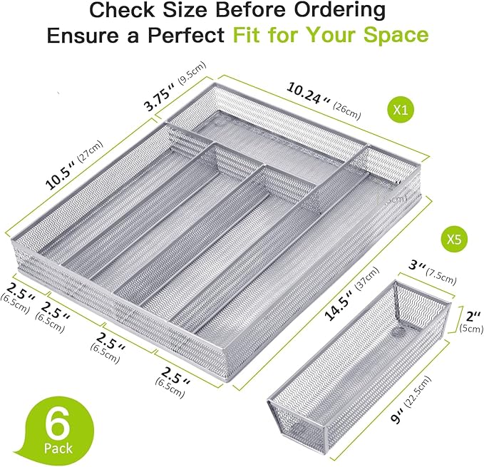 Neudeco Drawer Organizer Set 6 Pack - 5-Compartment Silverware Organizer Tray + 5 Utensil Trays, Kitchen Drawer Organizer for Flatware, Cutlery, Office Supplies, Silver Mesh, Non-Slip