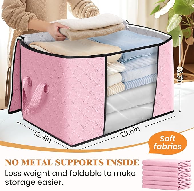 Fab totes 24 Gallons Clothes Storage, Foldable Thick Fabric Blanket Storage Bags, Containers for Organizing Bedroom, Closet, Clothing, Comforter, Organization with Handle (3 Pack,Pink)
