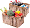 Wicker Baskets 2 Pack, Rectangular Wicker Storage Basket with Handles, Waterproof Plastic Large Baskets for Organizing, Nesting Hand-Woven Storage Baskets for Pantry Storage