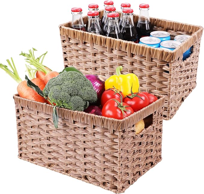 Wicker Baskets 2 Pack, Rectangular Wicker Storage Basket with Handles, Waterproof Plastic Large Baskets for Organizing, Nesting Hand-Woven Storage Baskets for Pantry Storage
