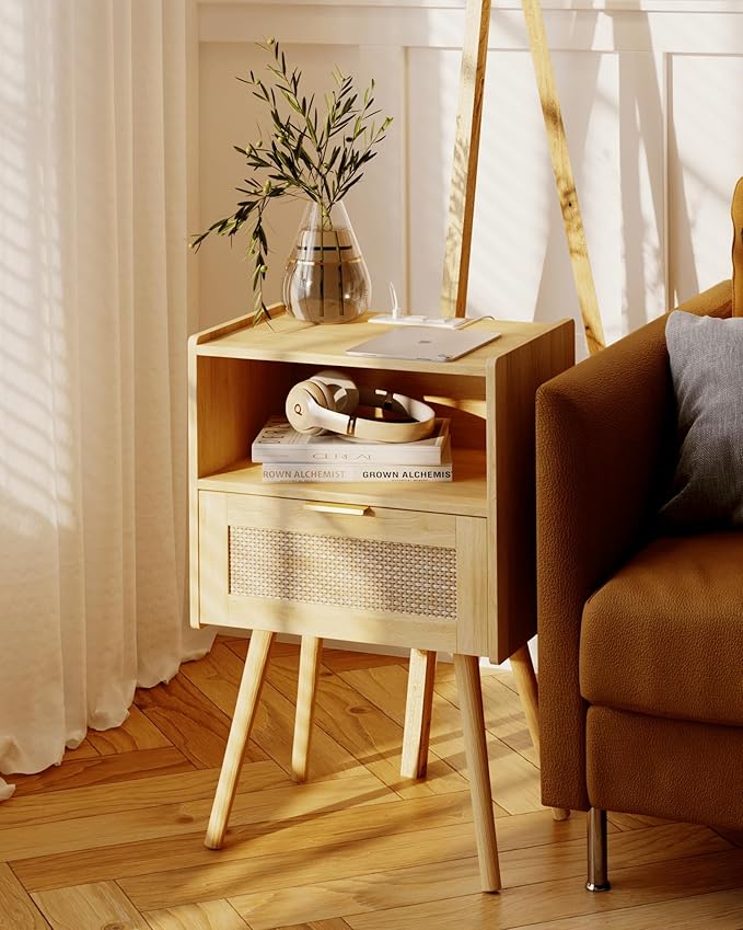 Veegle Rattan Nightstand with Outlet,Modern Bedside Table with Storage Drawer and Open Wood Shelf, for Living Room, Bedroom and Small Spaces, Accent Night Stand with Solid Wood Legs,Yellow Oak