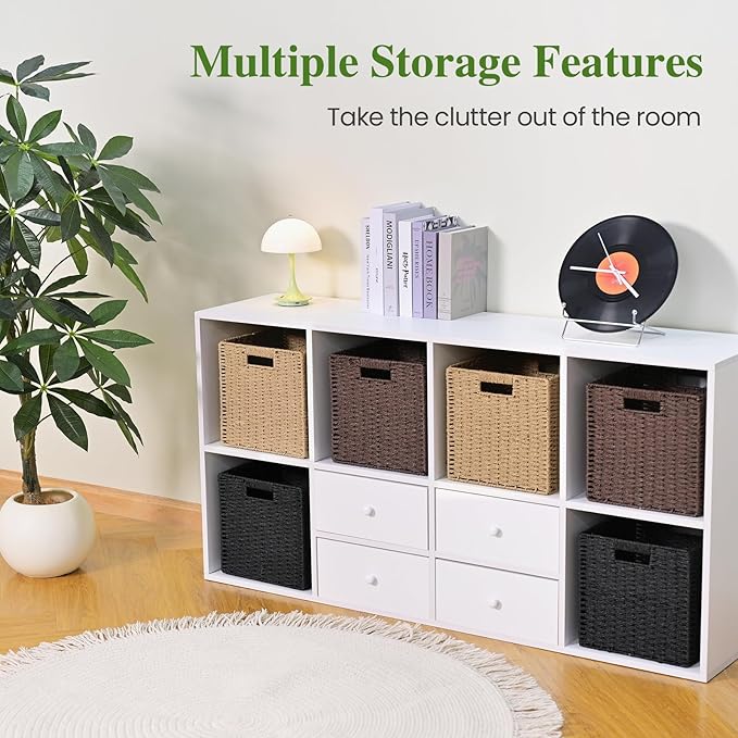 Woven Wicker Storage Baskets 2-Pack, 11x11 Handwoven Paper Rope Organizer Bins, Foldable Cube Storage Cubes with Built-in Handles for Shelves and Closet Organization(Natural Beige)