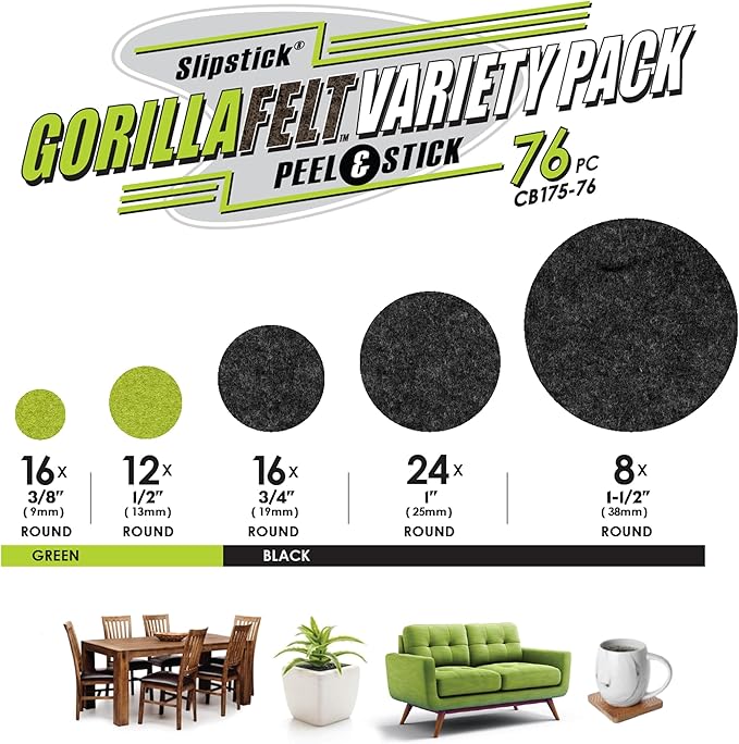 Slipstick Gorilla Felt Furniture Pads (76 Piece Variety Pack) Premium Furniture Pads & Chair Leg Floor Protectors for Hardwood Floors & Hard Surfaces