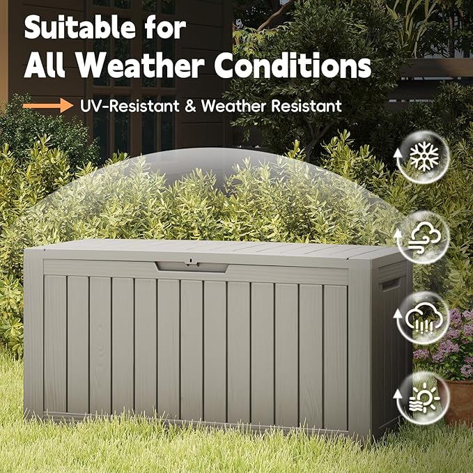 Outdoor Storage Box, 75 Gallon Waterproof Resin Deck Box, Storage Bin for Package Delivery, Patio Furniture Cushion, Garden Tools, Pool Accessories, Weatherproof and UV Resistant, Grey
