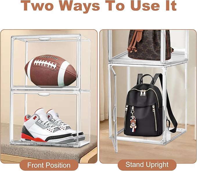 EDS FAM 4 Pack Clear Shoe Box Organizer,Size 14 Acrylic Display Cases for Book Cosmetic Figures Collectibles Showcase,X-Large Bag Stackable Plastic Storage Bins with Magnetic Lid