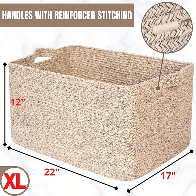 MINTWOOD Design 22in Extra Large Blanket Basket Holder Living Room, Rectangle Rope Woven Storage Basket with Handles for Laundry, Pool Towels, and Shoes, Dog Toy Organizer Bin Box, Oatmeal Brown