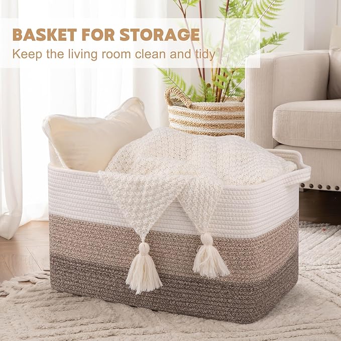 OIAHOMY Large Storage Basket, Cotton Rope Woven Blanket Basket, Toy Bin for Baby Room, Container for Blanket Storage in Living Room, 20''×16''×12'', Gradient Brown