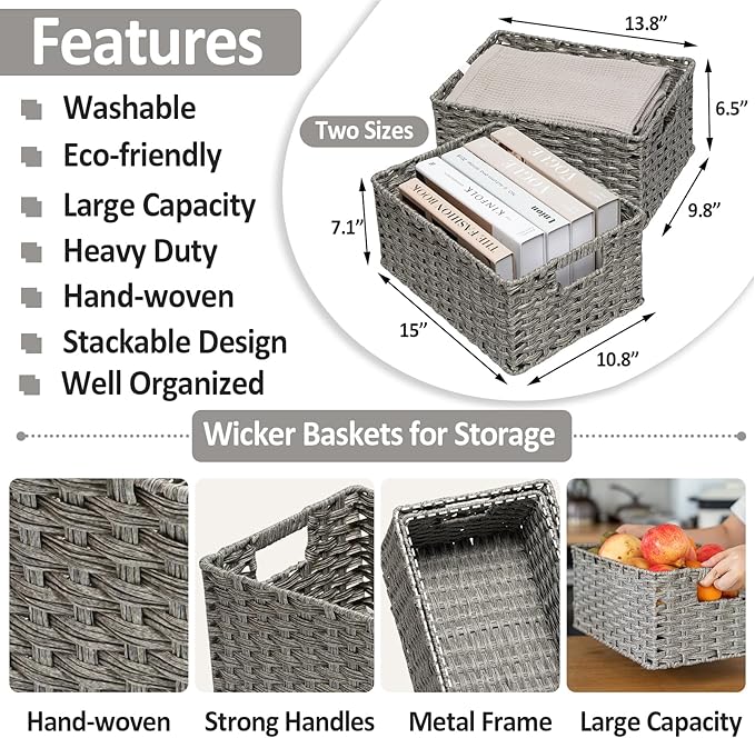 Wicker Baskets 2 Pack, Wicker Storage Basket with Handles, Waterproof Woven Baskets for Organizing, Large Storage Basket 15" and Medium 14", Grey