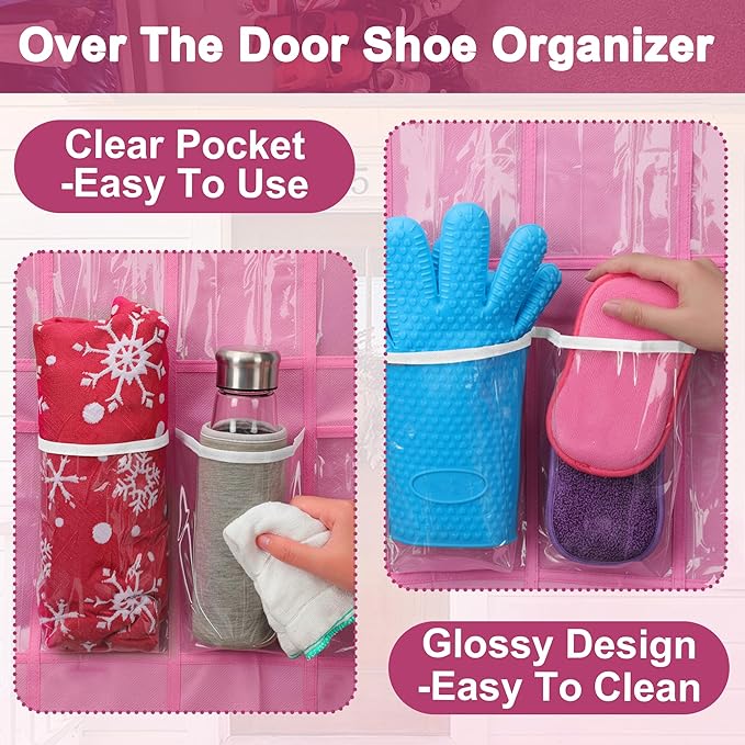 Over-the-Door Kids Shoe Organizer, Pink Shoe Rack for Door, 24 Crystal Clear Pockets, Heavy-Duty Hanging Organizer, 3 Metal Hooks for Toddler Shoes