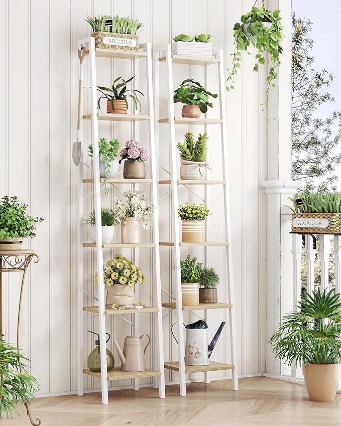Ladder Shelf, Bookshelf Bookcase, Freestanding Corner Storage Shelve with 2 Hooks for Home Office, Living Room, Kitchen, Bedroom, Industrial, 11.8" D x 13.4" W x 72.8" H, White Oak and White