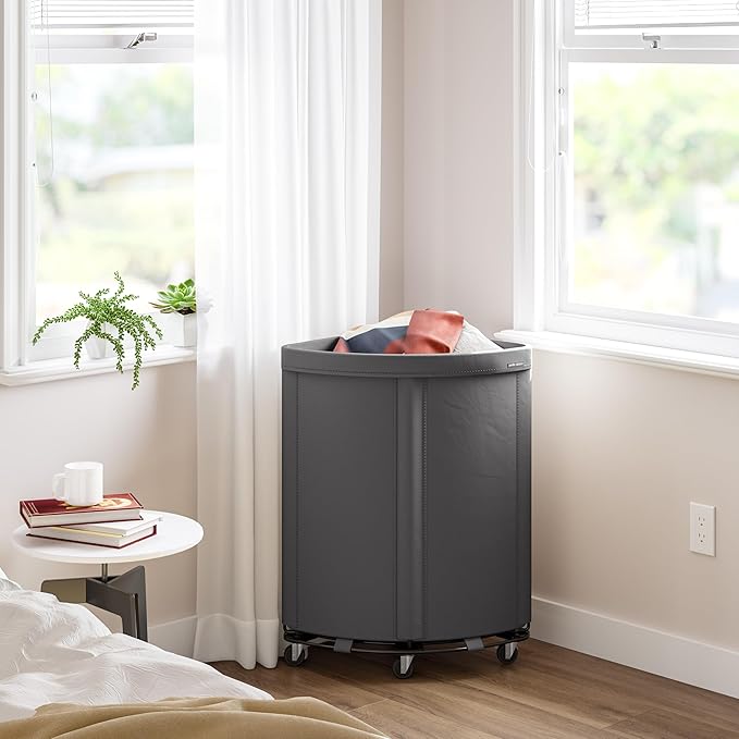 Seville Classics Large Commercial Heavy Duty Rolling Steel Frame Laundry Hamper Canvas Cart Bin, w/Wheels for Hotel, Home, Closet, Bedroom, Gray, Corner 17.7” D x 24.0” W