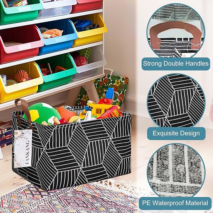 FANKANG Storage Basket,Nursery Hamper Canvas Laundry Basket Foldable with Waterproof PE Coating Storage, Office, Bedroom, Clothes,Toys (Rec-Black Cube)