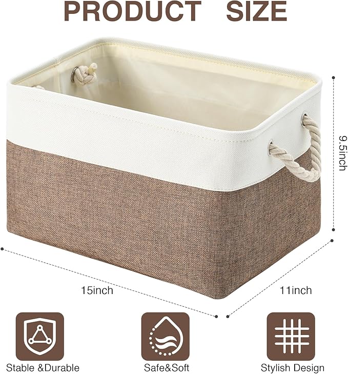 DUHEL Storage Baskets for Organizing,Fabric Storage Baskets for Shelves,Closet Organizers and Storage Basket with Handle,Storage Bins Used for Baby Laundry Basket、Nursery Storage.(White&Brown-3PCS)