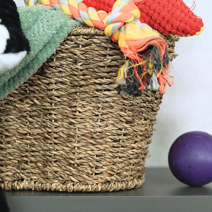 Dog Toy Basket, Seagrass Bone Shaped Dog Toy Bin, Handmade Pet Organizer And Storage, Toy Box for Cats (Large (22x14))