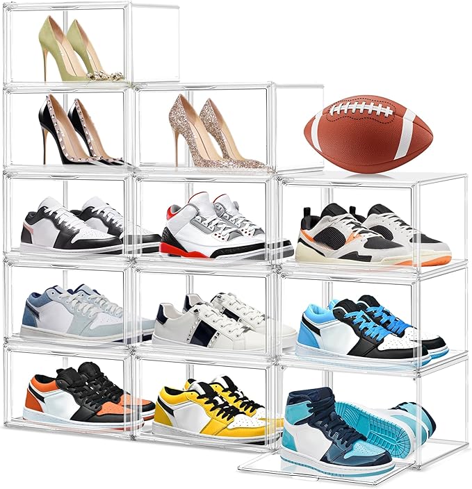 EDS FAM 12 Pack Clear Shoe Boxes for Sneakers, Size 12 Acrylic Shoe Storage Under Bed Stackable Handbag Organizer with Magnetic Lid Collection Acrylic Display Case