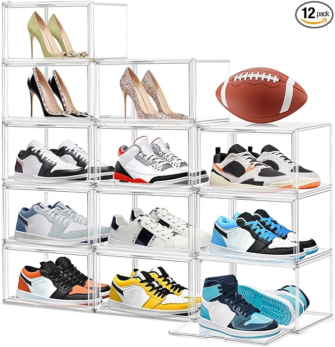 12 Pack Acrylic Clear Shoe Storage Boxes Size 12, Transparent Display Case for Sneaker Collections, Baseball Caps, Hat Organizer Dust-free Shoe Cubbies Stackable Sneaker Boxes
