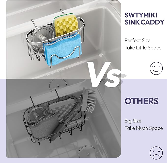 SWTYMIKI Sponge Holder for Kitchen Sink - Movable Kitchen Caddy with M Shape Hook, Stainless Steel Hanging Sponge Caddy for Sponges, Brush, Stopper Organizer in Double Bowl Sink, Silver