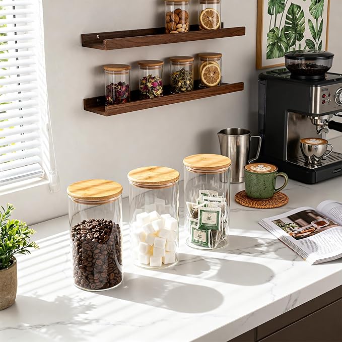 53oz Round Glass Storage Containers with Bamboo Lids – 4 Pack Large Airtight Glass Jars for Pantry Organization, Kitchen Dry Food, Flour, Cereal, Coffee Beans & Staples