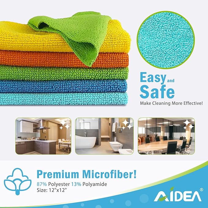 AIDEA Microfiber Cleaning Cloth 100PK, Soft Absorbent Rags, Microfiber Towels for Cars, Kitchen Towels, Dusting Cloth for Home, Window, Cleaning Supplies,12"×12"