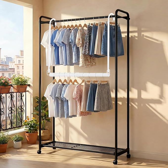 Stepless Extender Closet Hanging Rod - Heavy Duty Closet Rods for Hanging Clothes, Adjustable Width & Height, Space-Saving White Closet Organizer for Hanging & Drying Clothes, Easy to Install