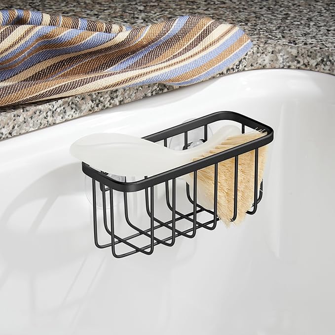 iDesign Stainless Steel Suction Sponge Holder - Kitchen Sink Sponge Caddy Organizer - Matte Black