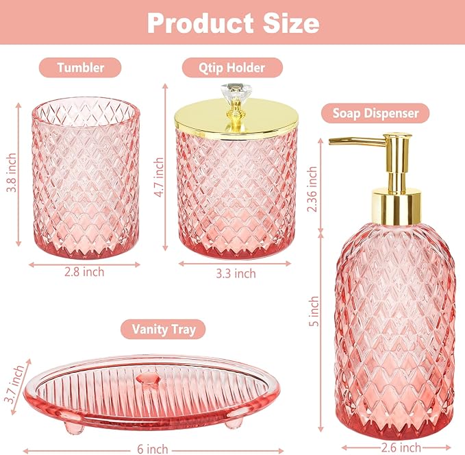 Haturi Pink Bathroom Accessories Set, 4 Pcs Glass Bathroom Accessory Set Complete w/Soap Dispenser, Toothbrush Holder, Qtip Holder, Vanity Tray, Gold Bathroom Set Decor, Gift for Girl Home Apartment