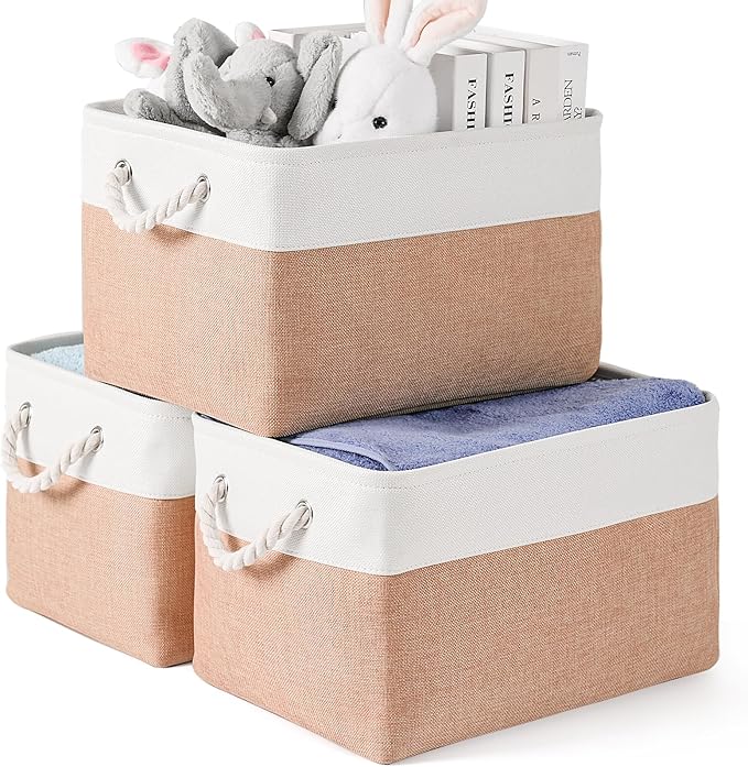 DUHEL Storage Bins 3 Pack, Fabric Storage Basket for Collapsible Medium Canvas Storage Baskets for Organizing Shelf Nursery Home Closet . (White&Blue-3PCS) (White&Pink-3PCS)