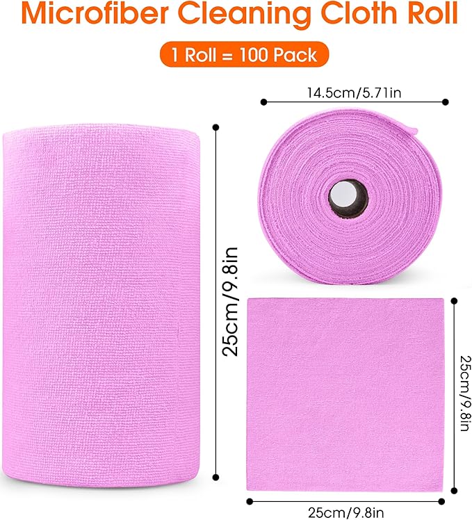 CHAUNCEY HOME Microfiber Cleaning Cloth Roll - 100 Pack Tear Away Microfiber Paper Towels, Reusable, Washable, Scratch-Free, Kitchen Towels for Car, Home, Kitchen, Glass, Dishes (Light Purple)