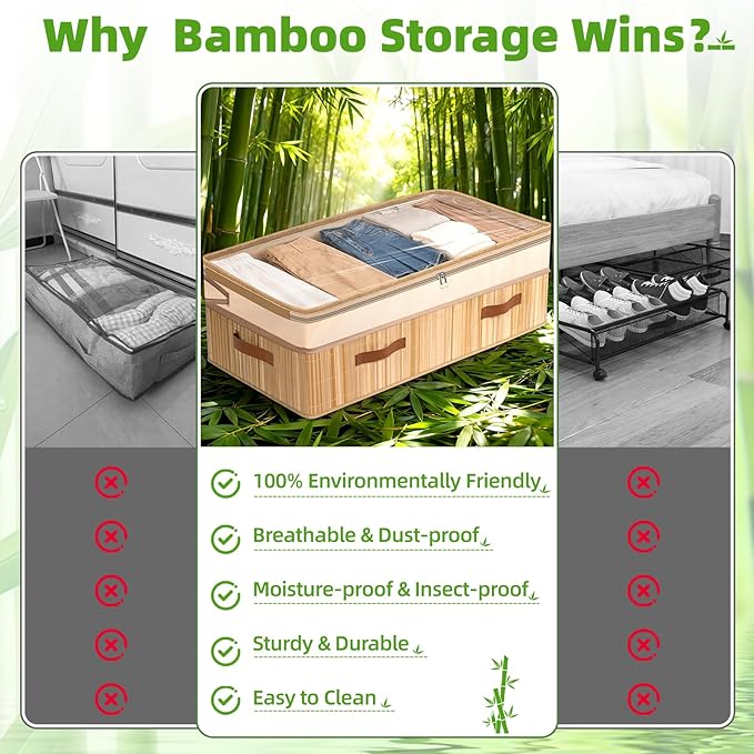 Livole Bamboo Under Bed Storage, 6-10 inches Height Adjustable Underbed Storage Containers, 92L XXXL Large Under Bed Storage Bins with Clear Lid & Label for Clothes, Blankets, Sweater, Shoes, 1 Pack