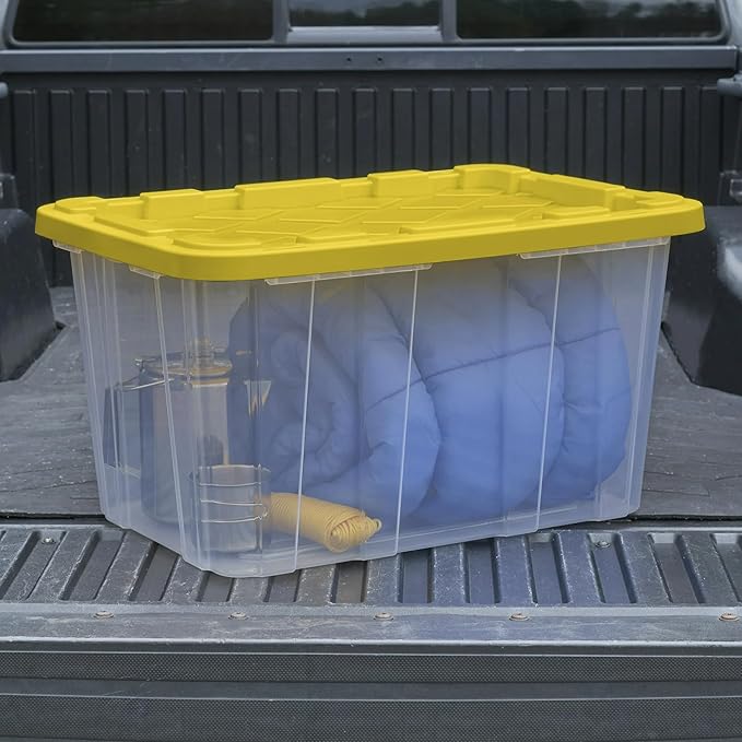 4-Pack 27 Gallon Clear Plastic Storage Bins, Reinforced Snap-Fit Lid, Heavy-Duty Industrial, Stackable, Tie-Down Ready, Dust-Resistant, for Closet, Office, Pantry, Basement & Home Organization