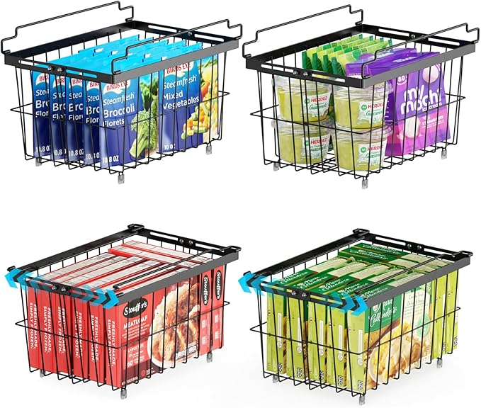 iSPECLE Freezer Organizer Bins - 4 Pack Adjustable Width for 5 to 7 Cu.Ft Chest Freezers, Stackable Freezer Wire Storage Baskets for Deep Freezer Organization, Assembly Required, Black