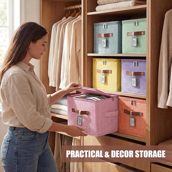 Fiwochic 6 Pack Fabric Storage Bins with Lids, 10x8x7In Foldable Cotton Linen Storage Boxes with PU Leather Handles and Label Holders for Closet, Nursery, Pink, Purple, Blue, Green, Yellow, Orange