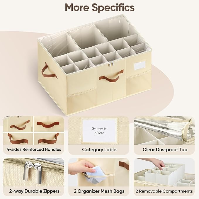 Shoe Organizer for Closet, 1 Pack Shoe Storage Container with Adjustable Dividers, Space Saving Shoe Box Storage Organizer Bin with Clear Lid and 4 Handles, Fits 12-24 Pairs, Beige